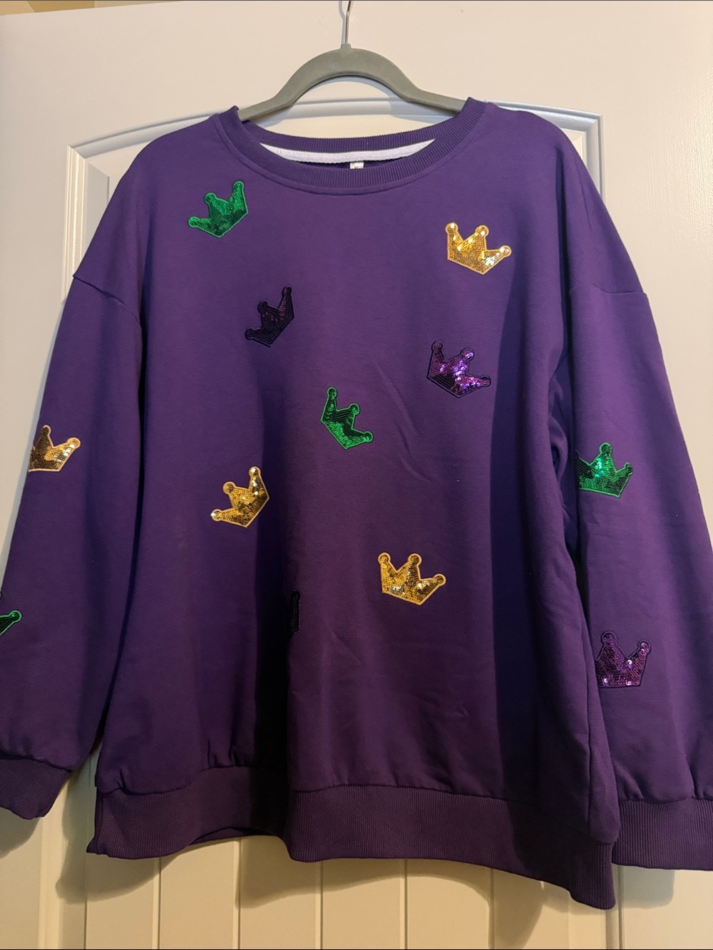 Amazon Purple Crewneck Sweater with Multicolor Sequin Crowns